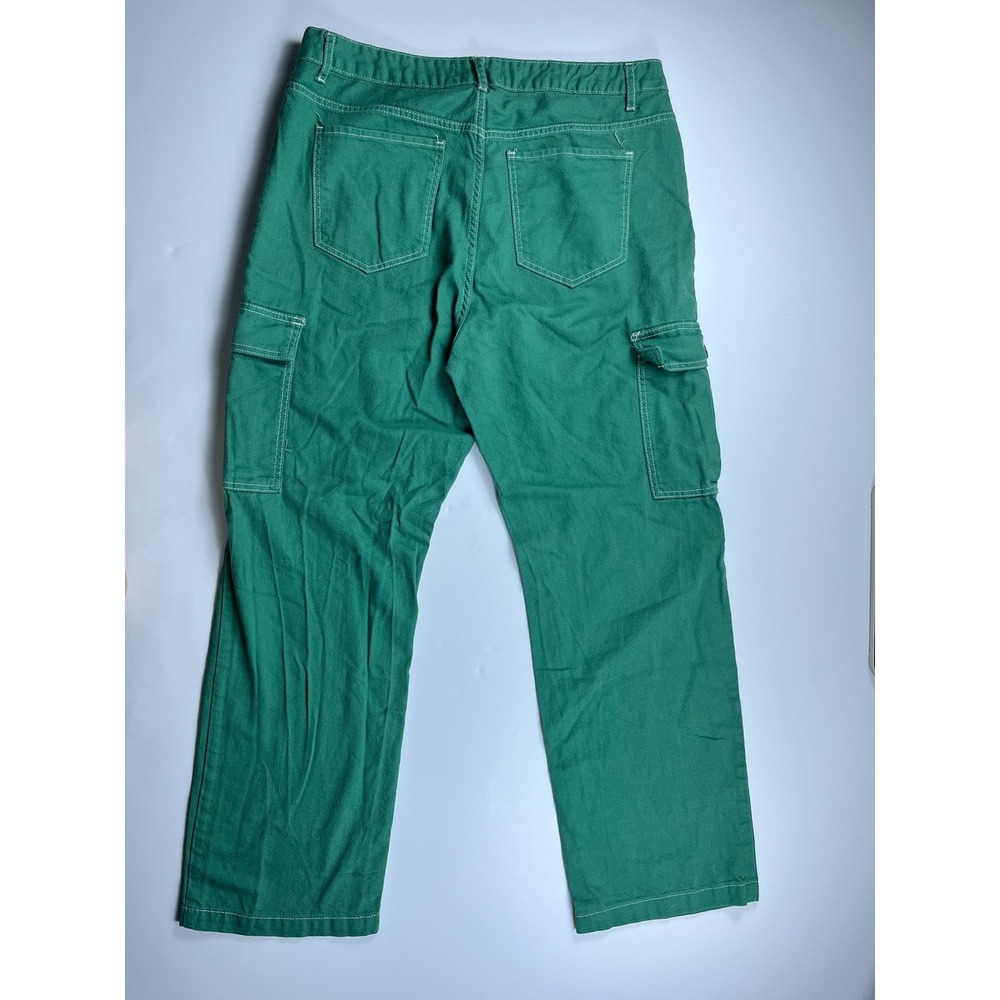 SONG Mens Green Cargo Pants Contrast Stitch Cotton Denim Straight Leg 17/33